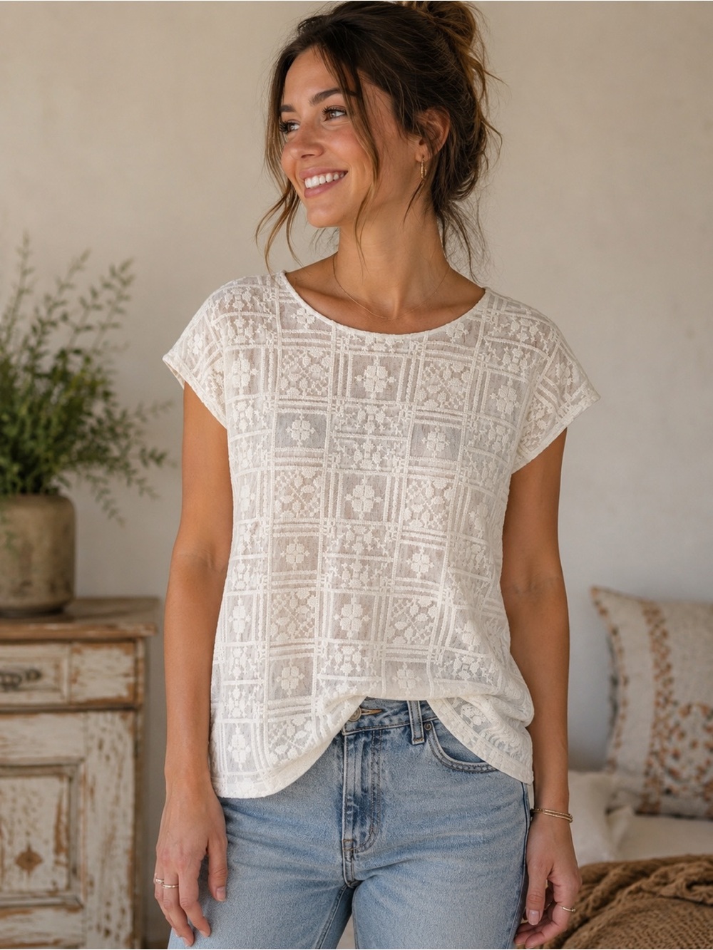 Chico's Cream Lace Short-Sleeve Tee